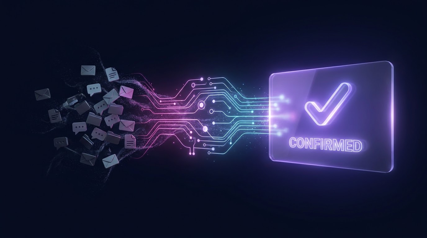 Illustration: scattered message icons flowing through glowing circuit paths into a single glowing 'confirmed' card, representing automation replacing manual chaos